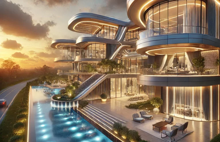 DALL·E 2025-02-12 02.46.07 - A hyperrealistic image of an ultra-luxurious futuristic mansion in Nigeria. The mansion features sleek, cutting-edge architecture with expansive glass