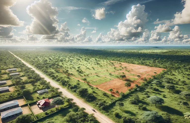 DALL·E 2025-02-16 17.59.49 - A hyper-realistic, high-resolution 4K image of a vast piece of land in Nigeria, ready for investment. The landscape features lush green vegetation, a