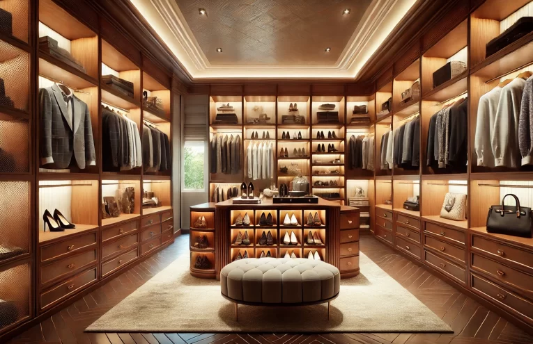 DALL·E 2025-02-16 18.07.59 - A high-resolution, hyper-realistic 4K image of a luxurious walk-in closet. The space features custom-built wooden shelves, glass display cases for acc
