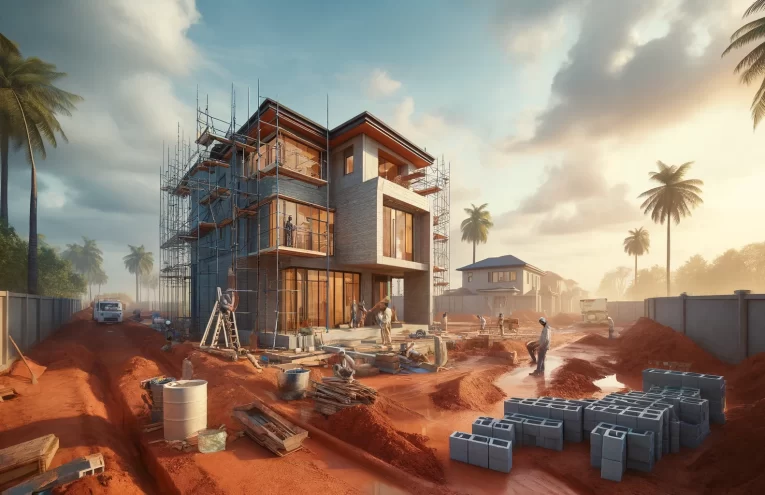 DALL·E 2025-02-16 18.15.58 - A high-resolution, hyper-realistic 4K image of a modern house under construction in Nigeria. The scene captures a realistic construction site with wor