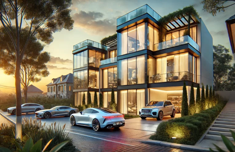 DALL·E 2025-02-23 06.37.01 - A hyperrealistic 4K landscape image of a luxurious modern home in Lagos, Nigeria, designed for high-end buyers. The house features sleek glass windows
